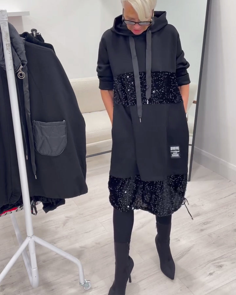 Hooded Drawstring Sequin Patchwork Panel Pocket Sweatshirt Midi Dress