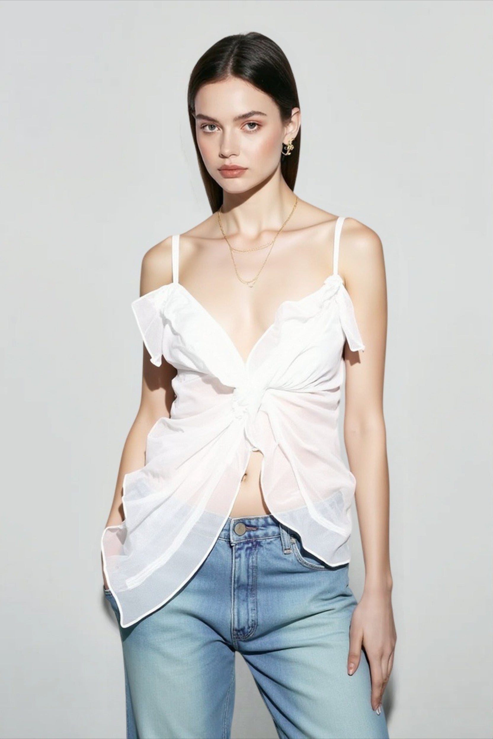 White sheer v neck ruffle cami top