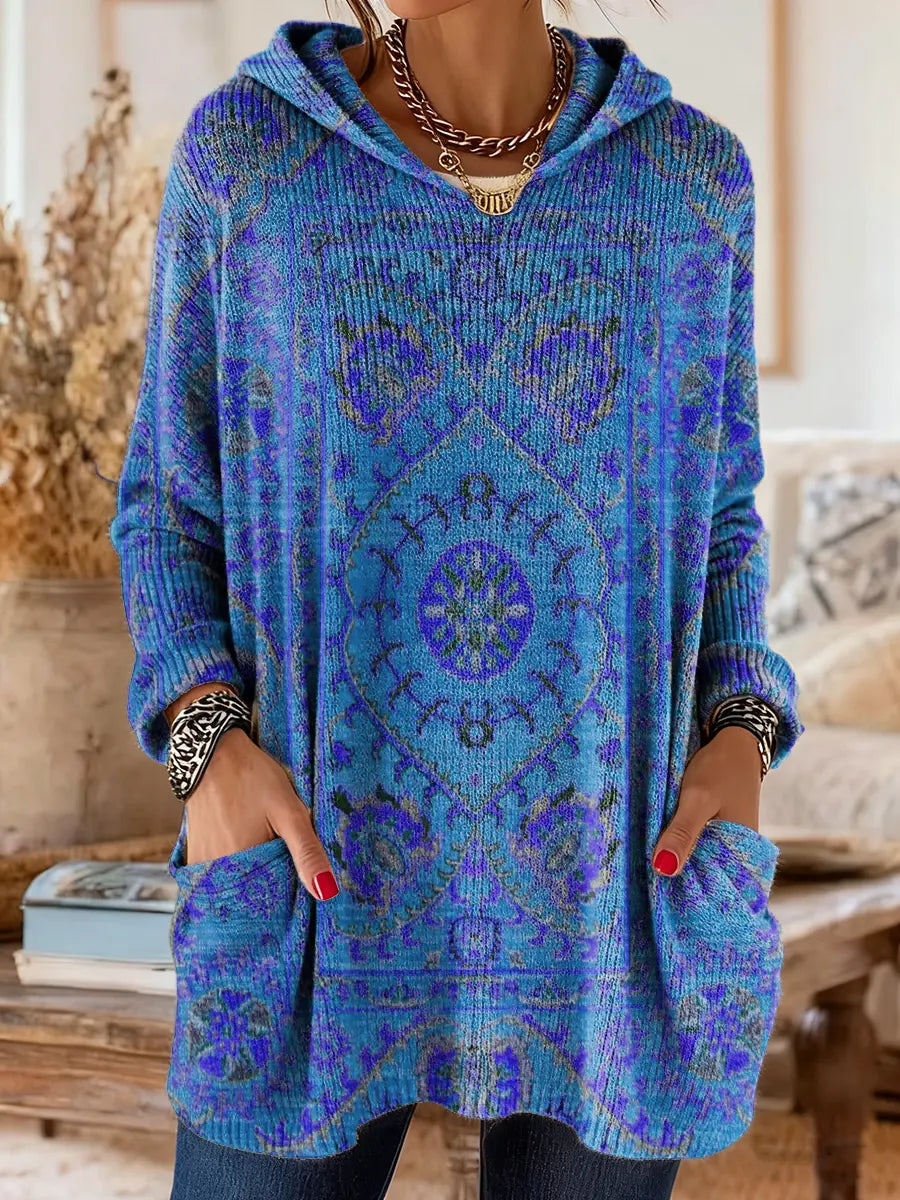 Hooded Ethnic Print Long Sleeve Pocket Knit Sweater