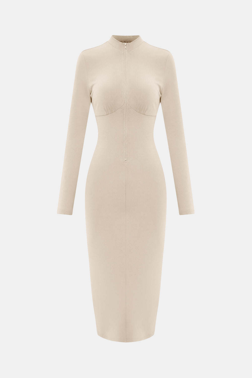 High Neck Zip Front Long Sleeve Cutout Bodycon Midi Dress