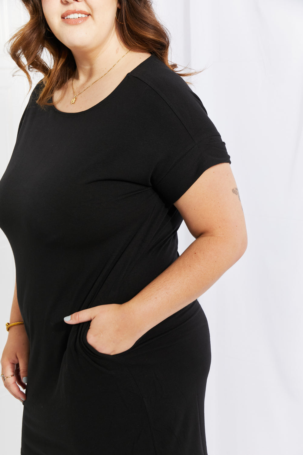 Black Square Neck Rolled Short Sleeve Pocket Shift Mini Dress