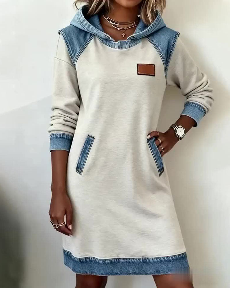 Hooded Long Sleeve Denim Contrast Panel Pocket Sweatshirt Mini Dress