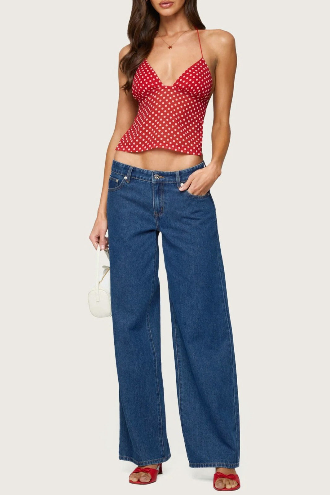 Polka Dot Backless Halter Slim Blouse