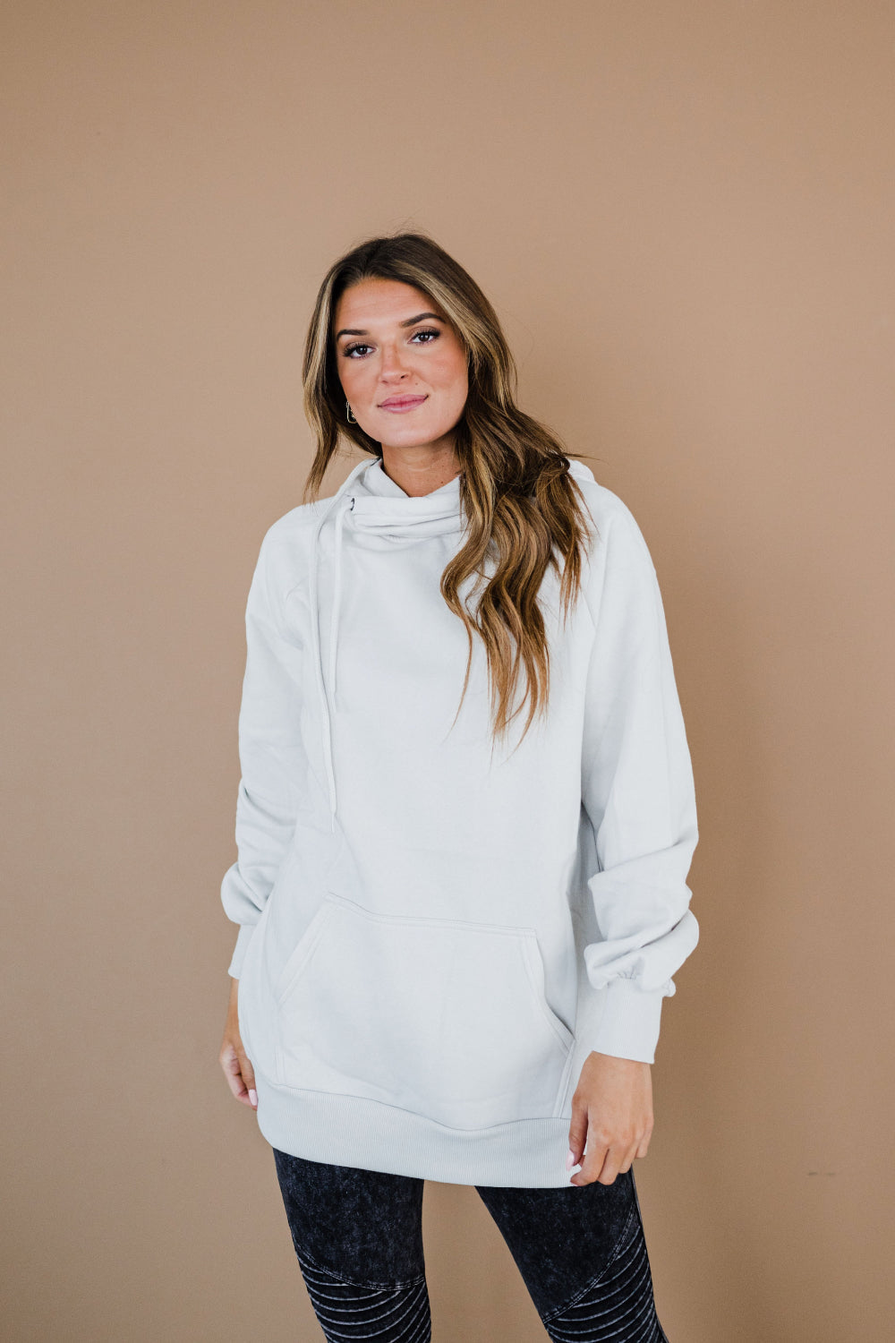 Bone Cowl Neck Drawstring Kangaroo Pocket Long Sleeve Sweatshirt Mini Dress