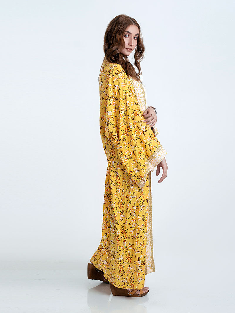 Yellow Ditsy Floral Print Open Front Long Kimono Robe 4