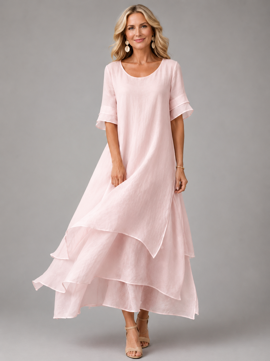 Scoop Neck Ruffle Sleeve Layered Tiered Chiffon Maxi Dress