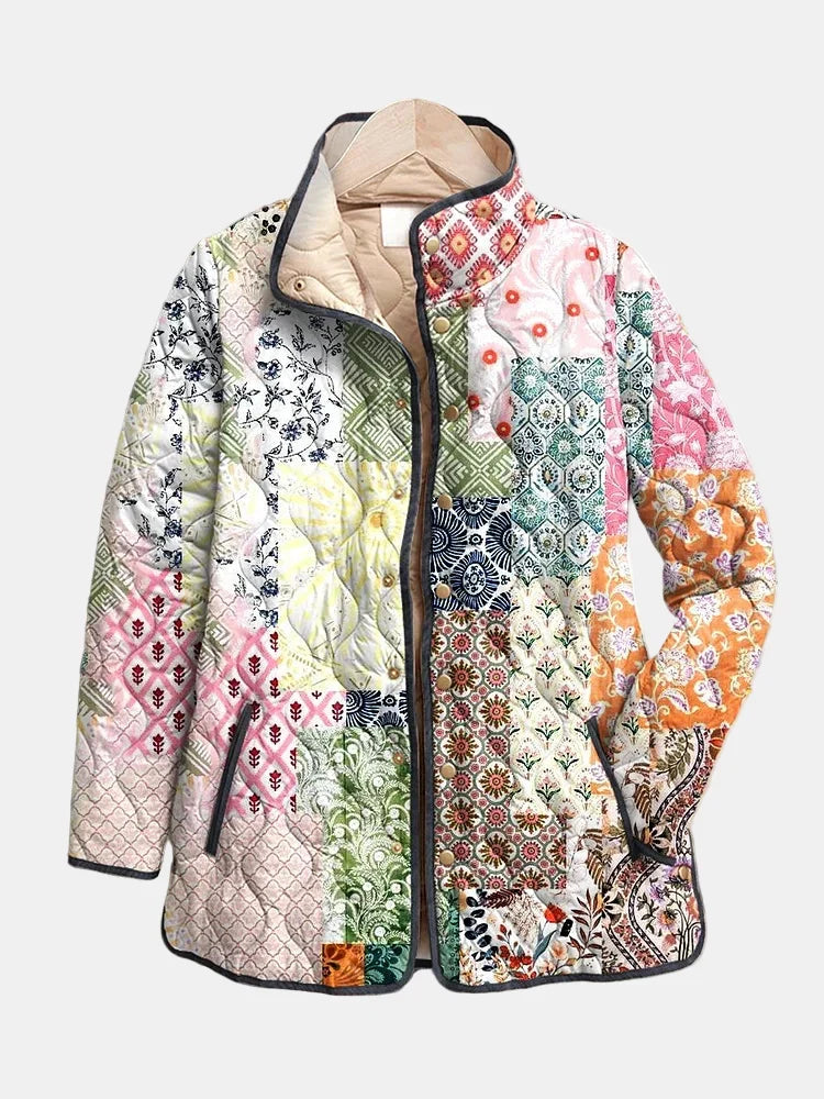 Multicolour Stand Collar Patchwork Floral Print Quilted Jacket