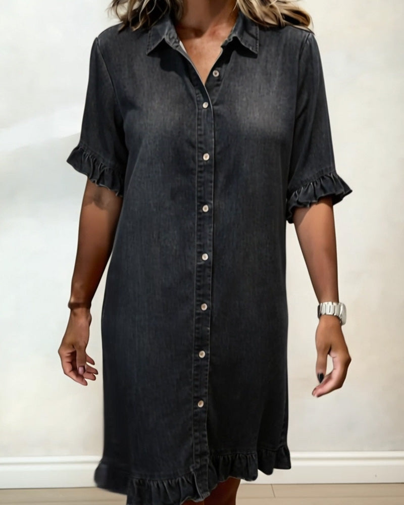 Collared Ruffle Cuff Ruffle Hem Denim Shirt Dress 7