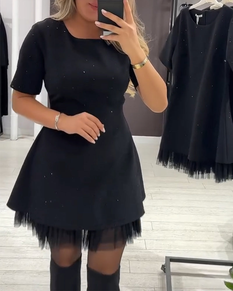 Round Neck Rhinestone Studded Short Sleeve Tulle Hem Flared Mini Dress 8