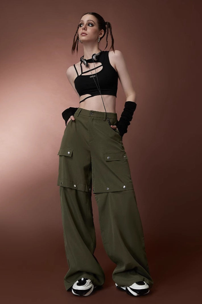 Street Style High Waist Convertible MultiPocket Cargo Straight Pants