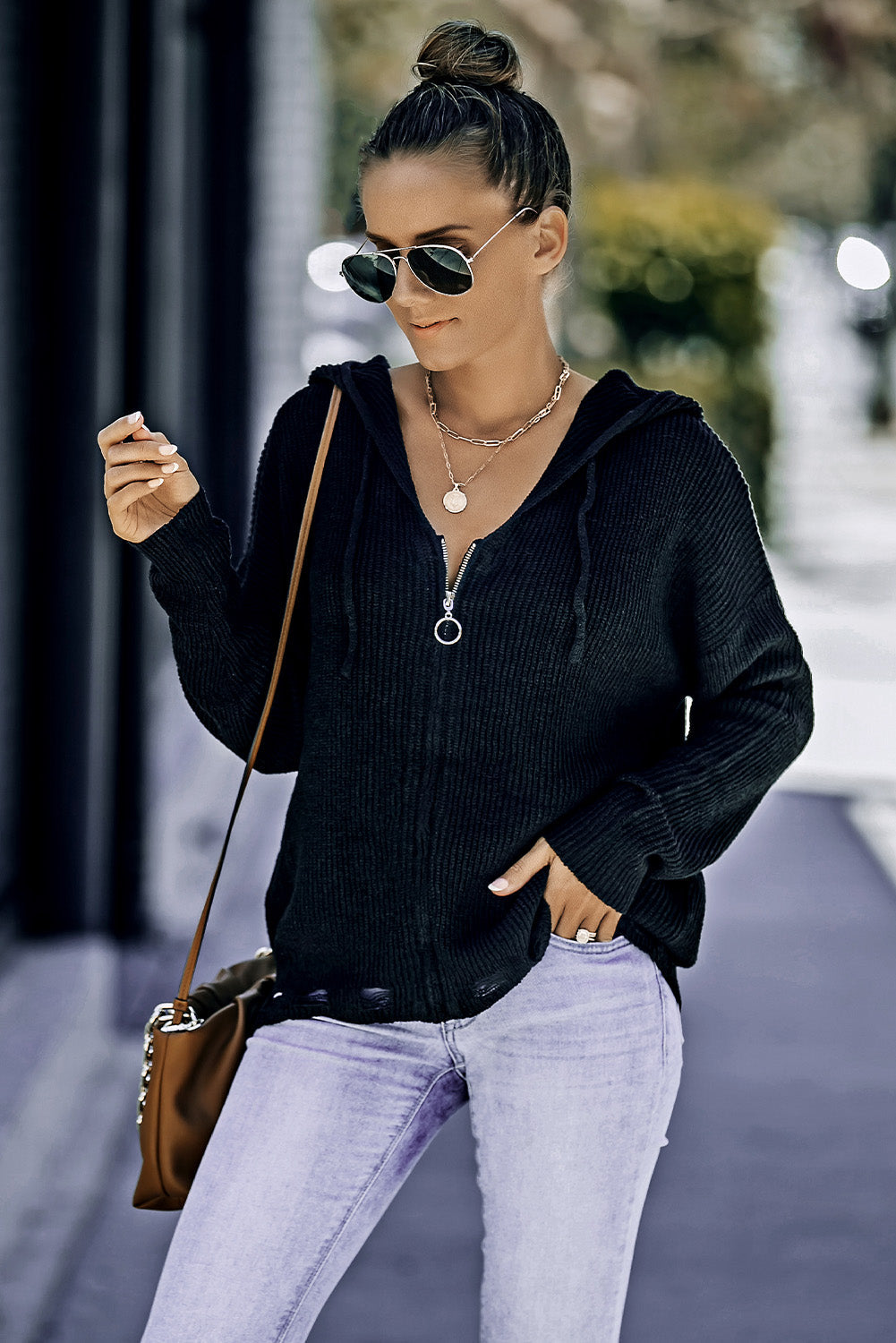 Zip Up Hooded Distressed Drawstring Knit Cardigan