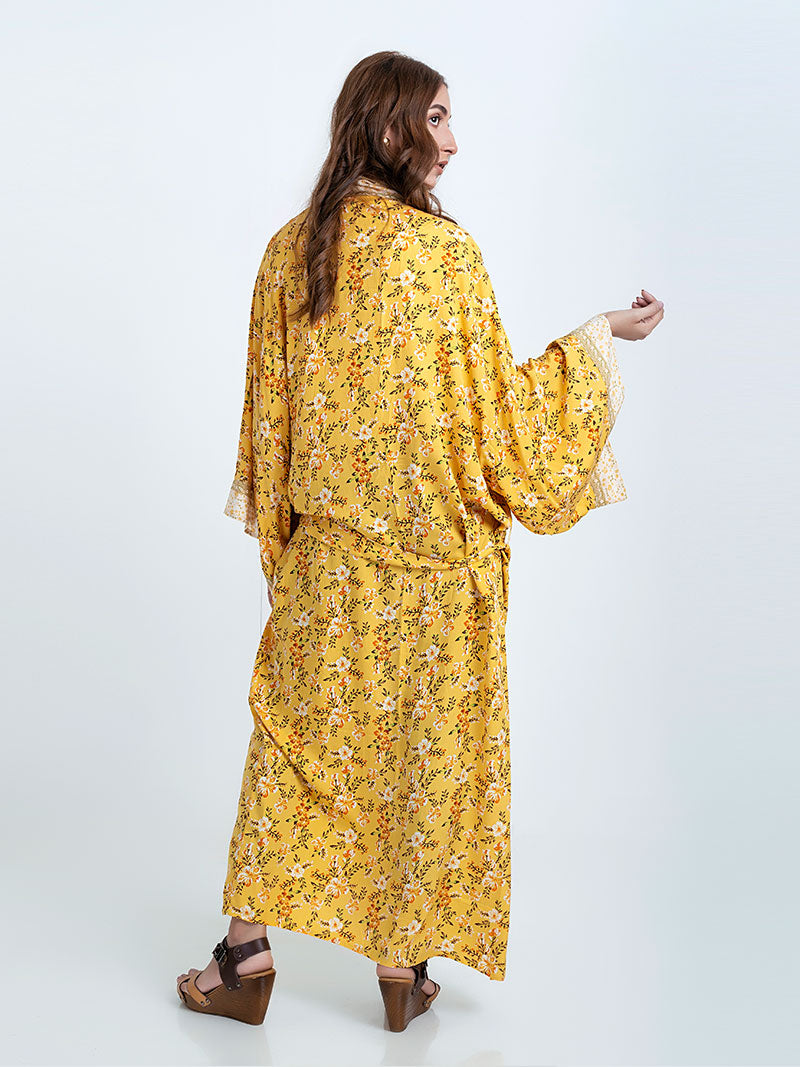 Yellow Ditsy Floral Print Open Front Long Kimono Robe 2