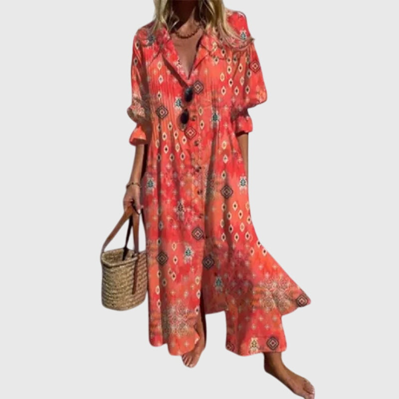 V-Neck Floral Print Long Sleeve Tiered Bohemian Maxi Dress