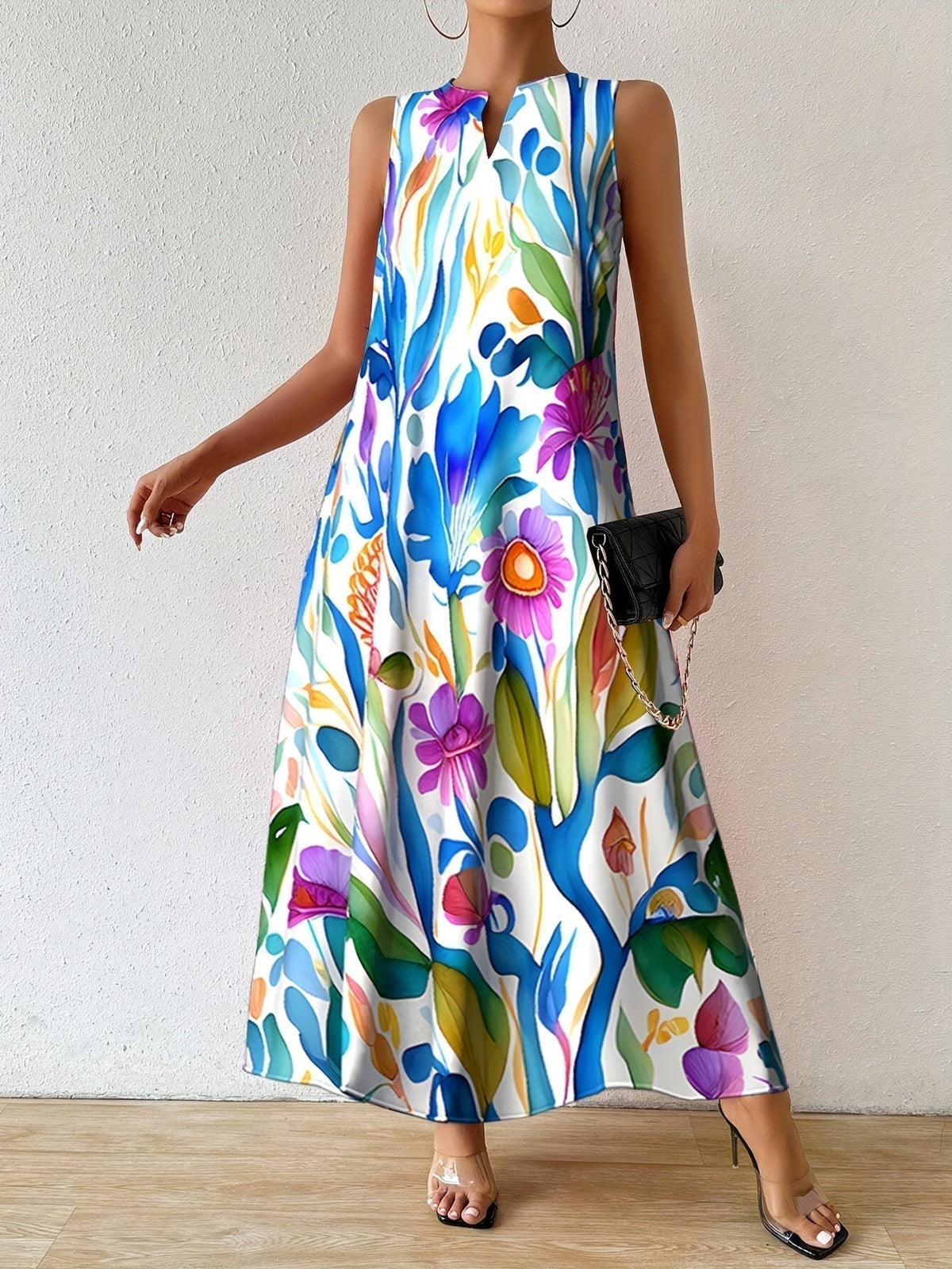 Notch V-Neck Abstract Floral Sleeveless Pocket A-Line Maxi Dress