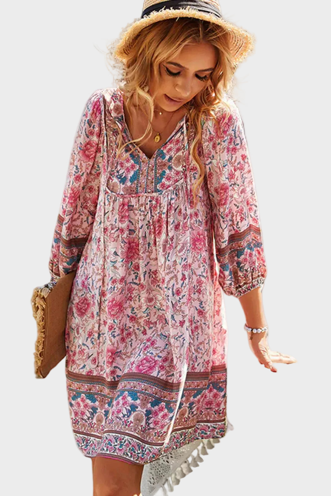 Pink Tie Neck Floral Long Sleeve Tiered Babydoll Mini Dress