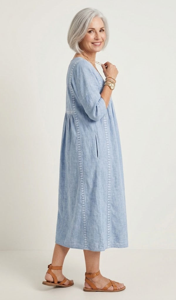 Square Neck Striped Button Long Sleeve Empire Maxi Dress