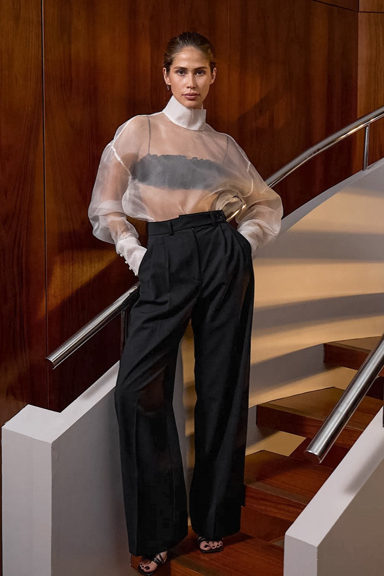 White Mesh Sheer High-Neck Long-Sleeve Blouse