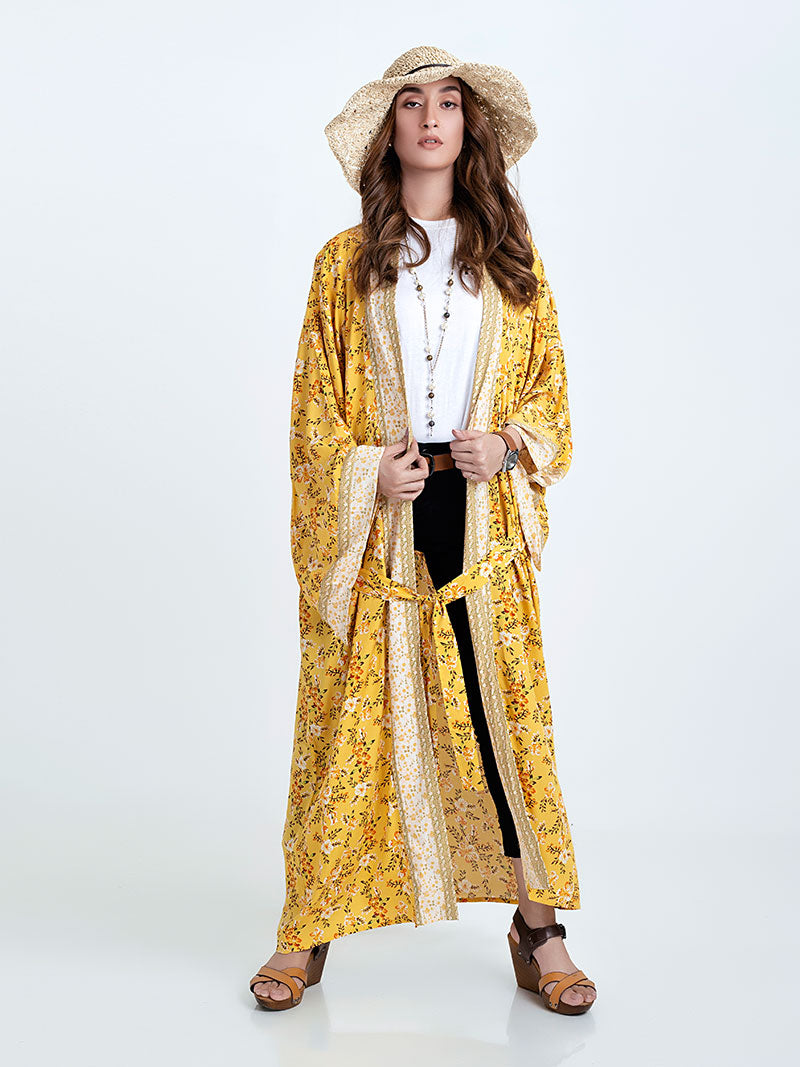 Yellow Ditsy Floral Print Open Front Long Kimono Robe 3