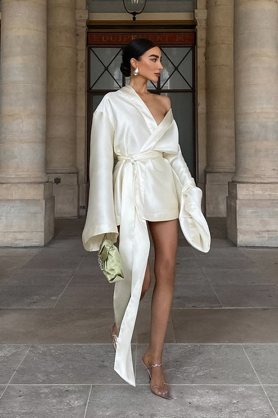 Satin Tie-Front Loose Sleeve Mini Dress