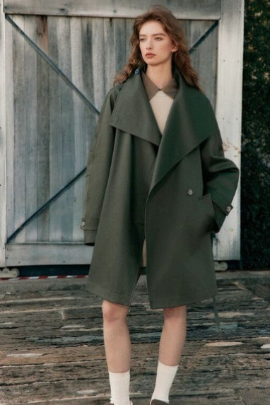 Wide Collar Single-Button Mid-Length Loose Fit Trench Coat