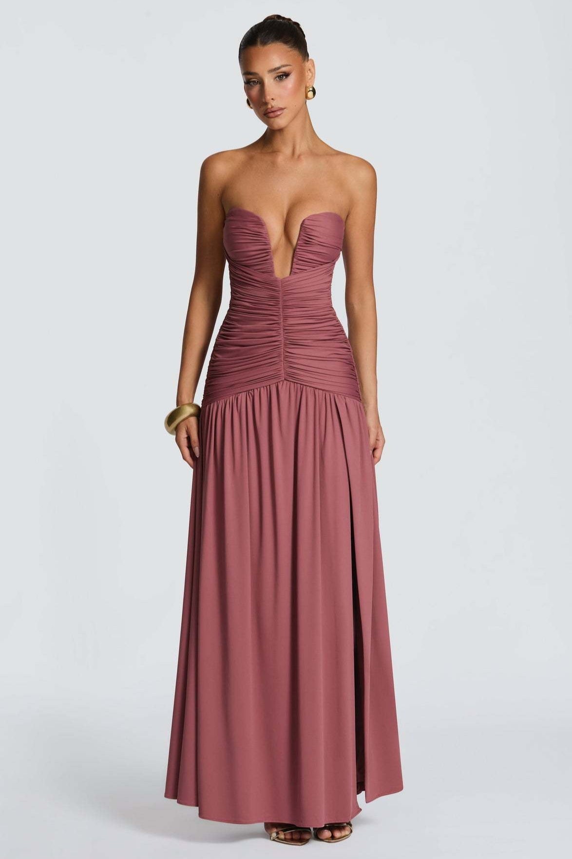 Solid Strapless High Slit Ruched Bodycon Party Dress