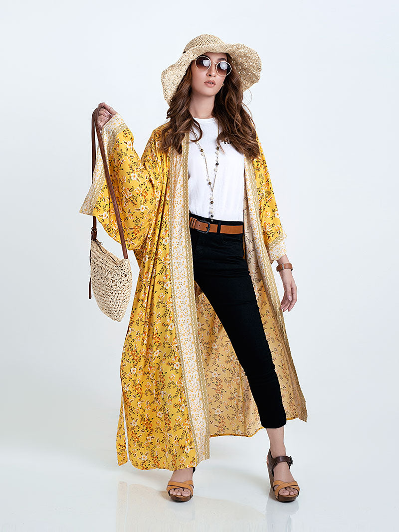 Yellow Ditsy Floral Print Open Front Long Kimono Robe