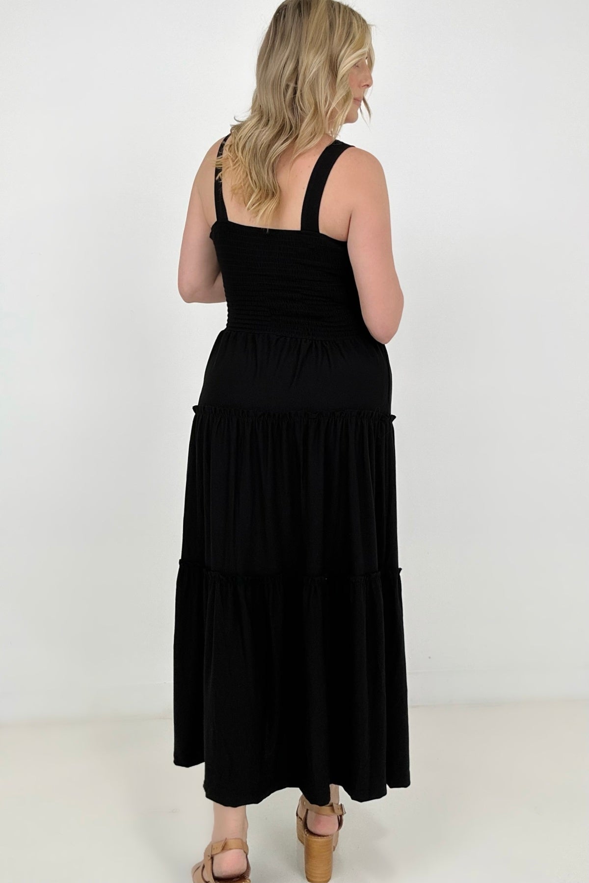 Square Neck Smocked Tiered A-Line Maxi Dress