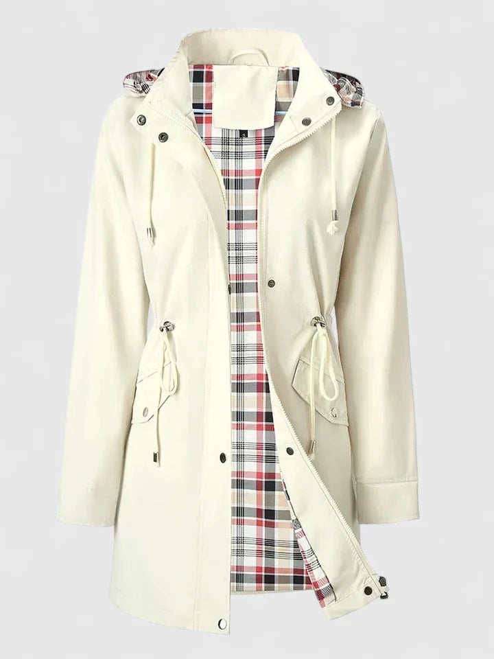 Hooded Plaid-Lined Drawstring Waist Zip-Front Longline Jacket