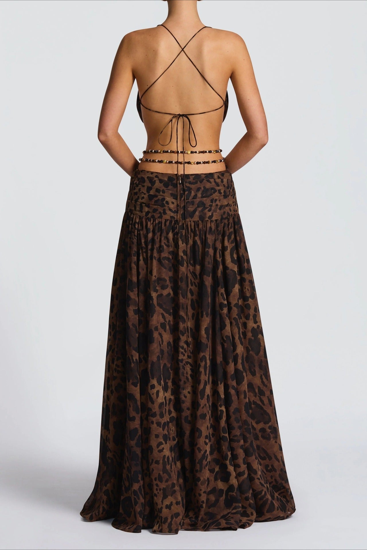 Plunging V Neck Halter Cut Out Waist Buckle High Slit Maxi Dress 4