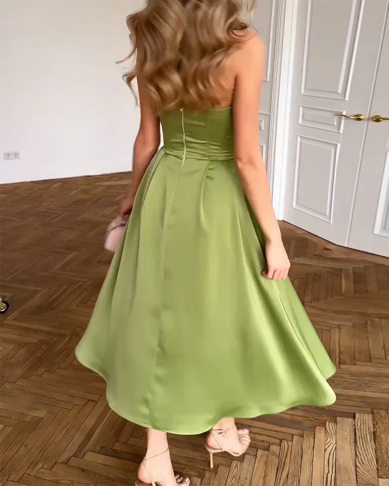 Strapless Scalloped Sweetheart Satin Bustier A-Line Midi Dress