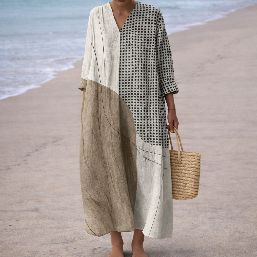 V-Neck Colorblock Polka Dot Long Sleeve Shift Maxi Dress
