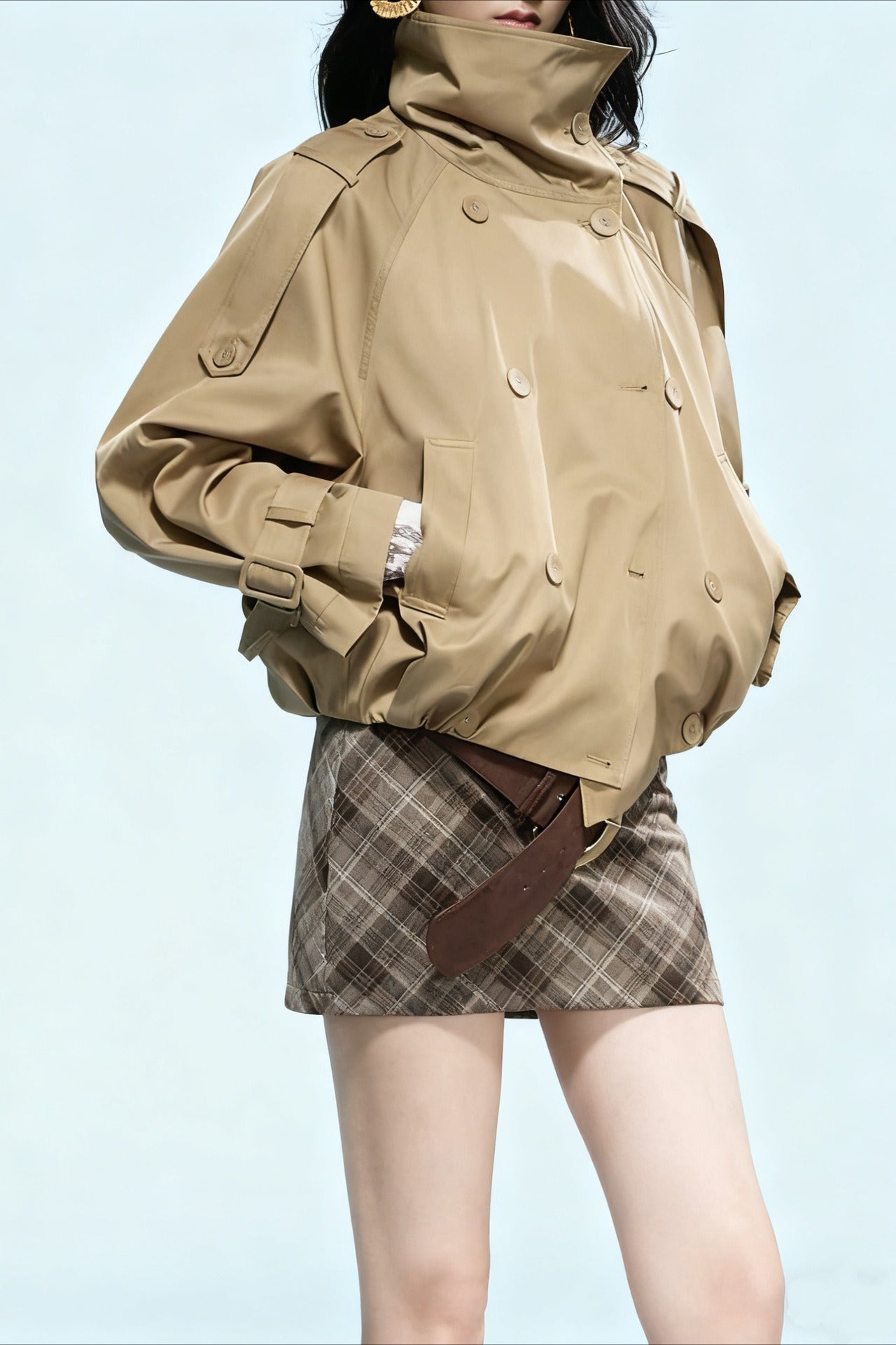 Stand Collar Double Breasted Khaki Cropped Coat