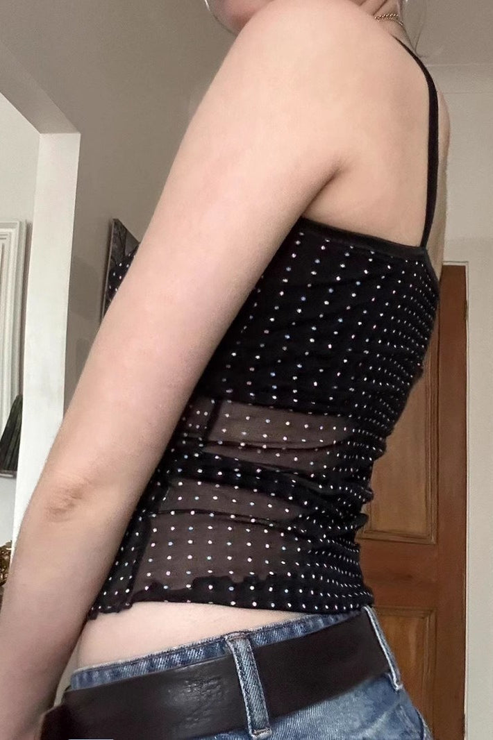Sheer Polka Dot VNeck Halter Cami Crop Top