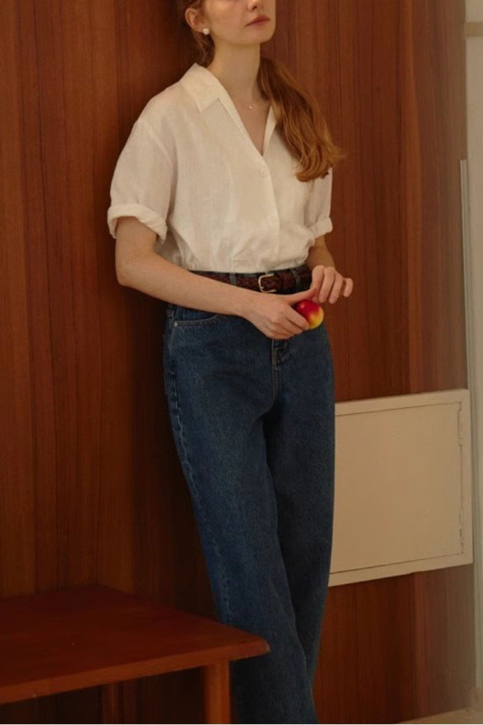 Linen French Deep V Short Blouse