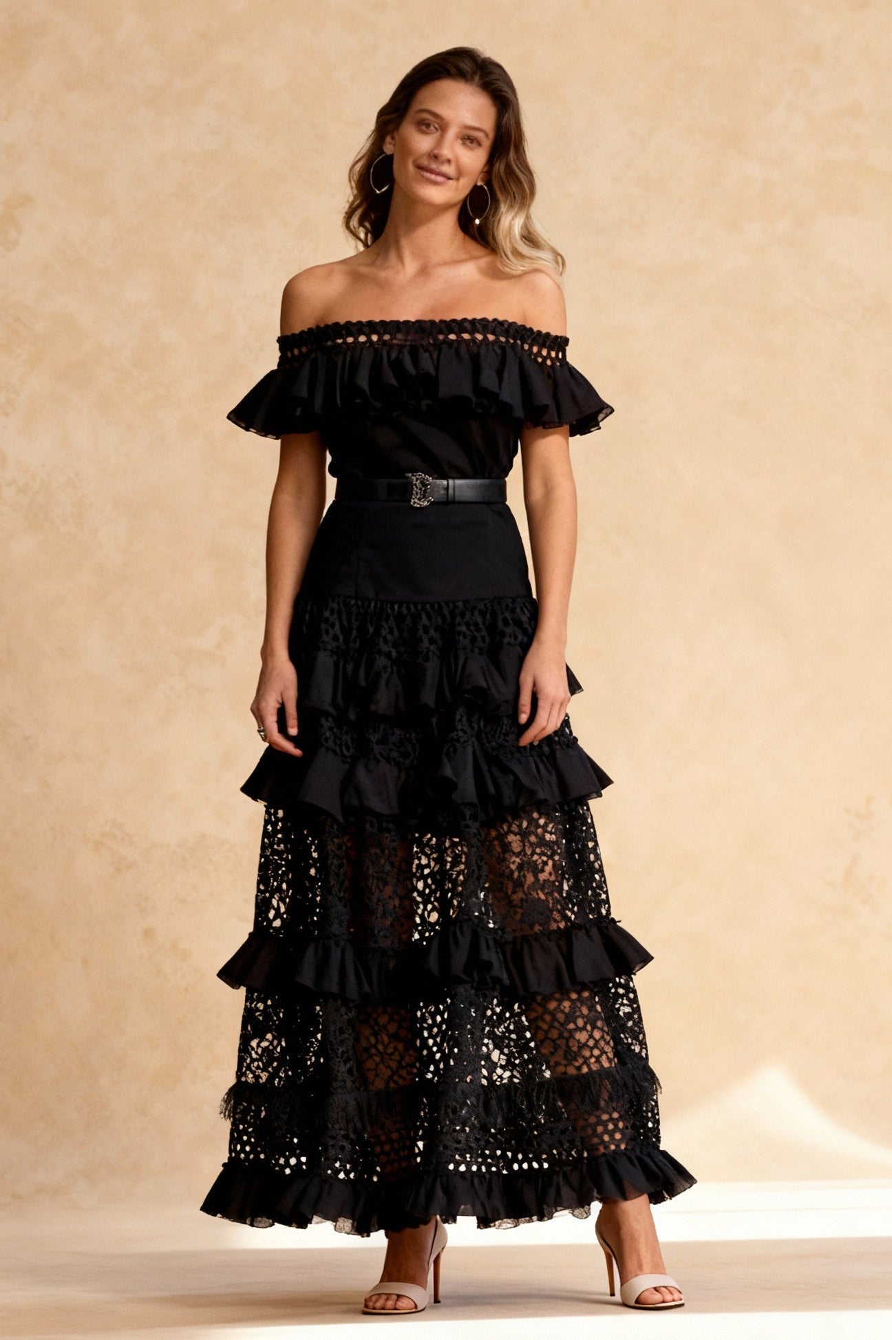 OneShoulder Ruffled Hollow Swing Graceful Lace Patchwork Long Dress