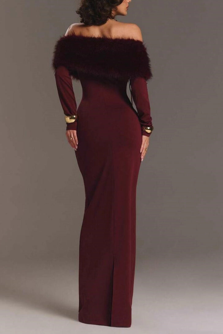 Red Fur Collar Off Shoulder Bodycon Dress 3