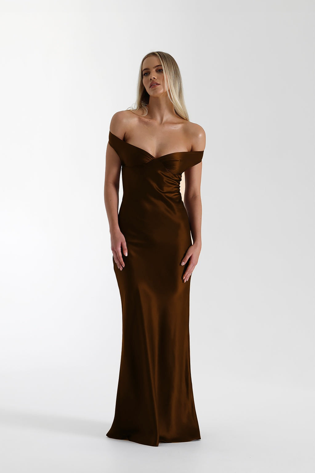 Satin Off-Shoulder Fishtail Maxi Party Dress