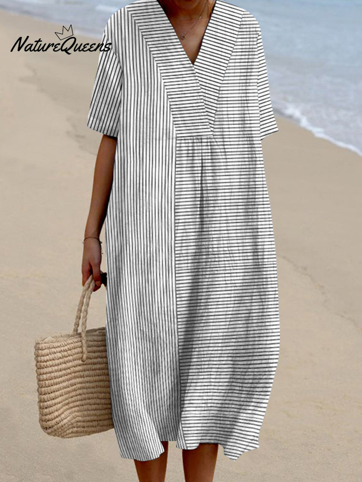 V-Neck Directional Stripe Print Short Sleeve Loose Shift Midi Dress