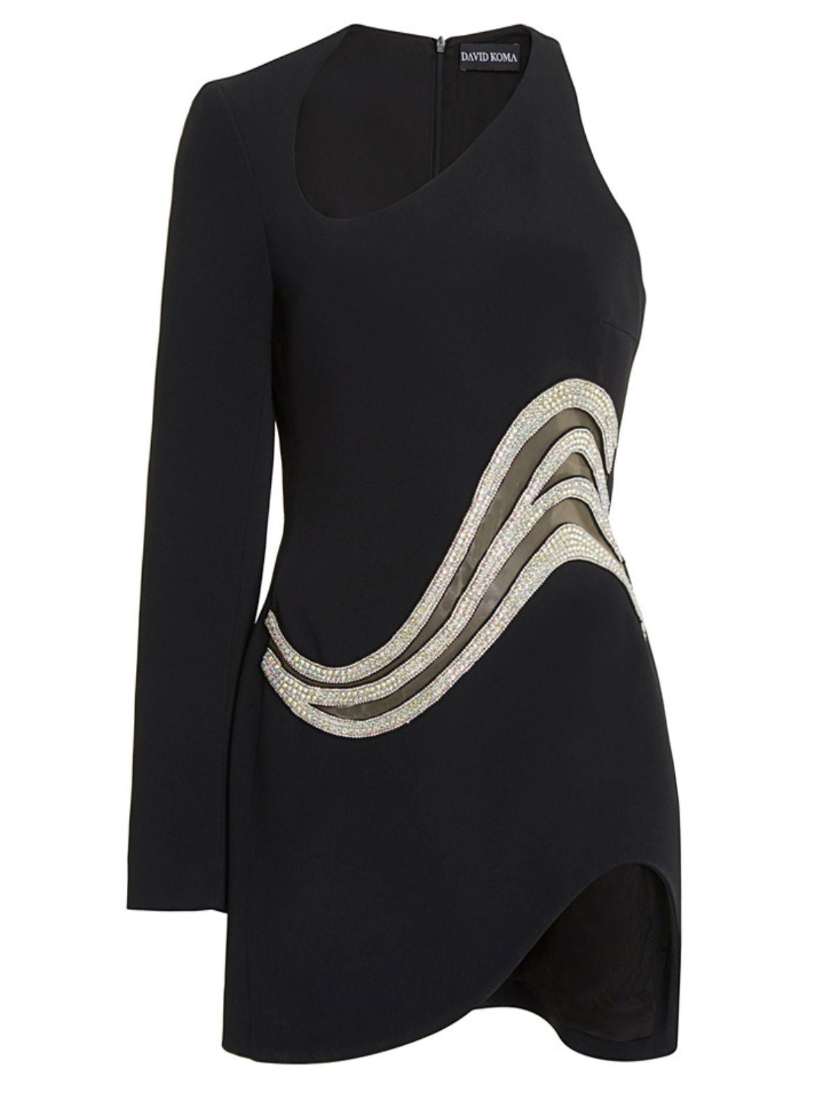 One Shoulder One Sleeve Rhinestone Cutout Bandage Bodycon Mini Dress