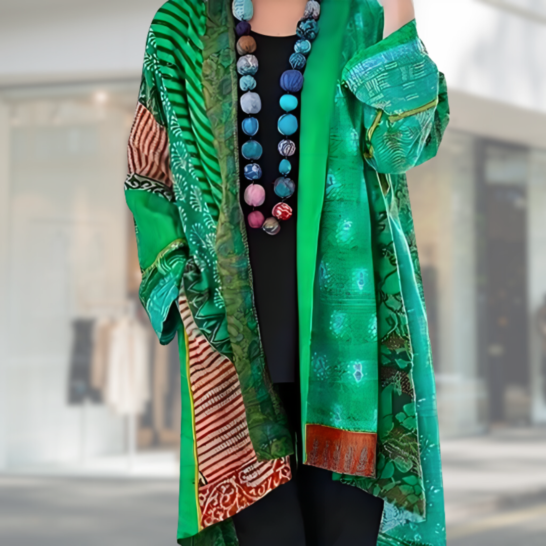 Open Front Patchwork Boho Print Long Sleeve Cardigan