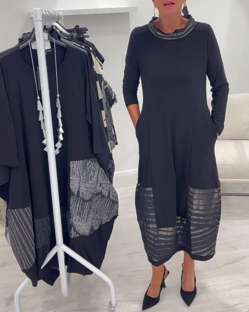 Black Cowl Neck Three-Quarter Sleeve Sheer Striped Hem Cocoon Midi Dress 6