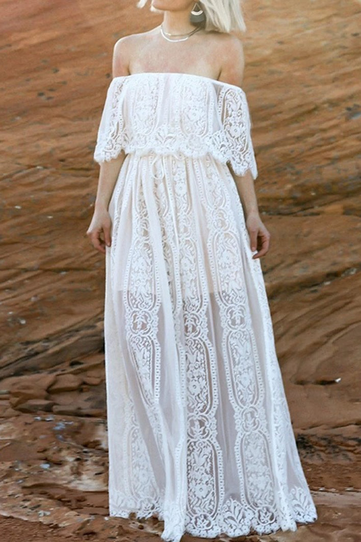 White Off Shoulder Ruffle Overlay Lace Panel Sheer Hem Maxi Dress