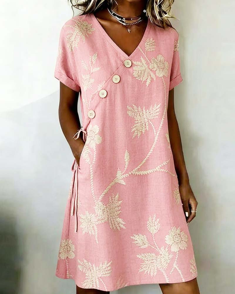 V-Neck Floral Diagonal Button Lace-Up Shift Mini Dress 3