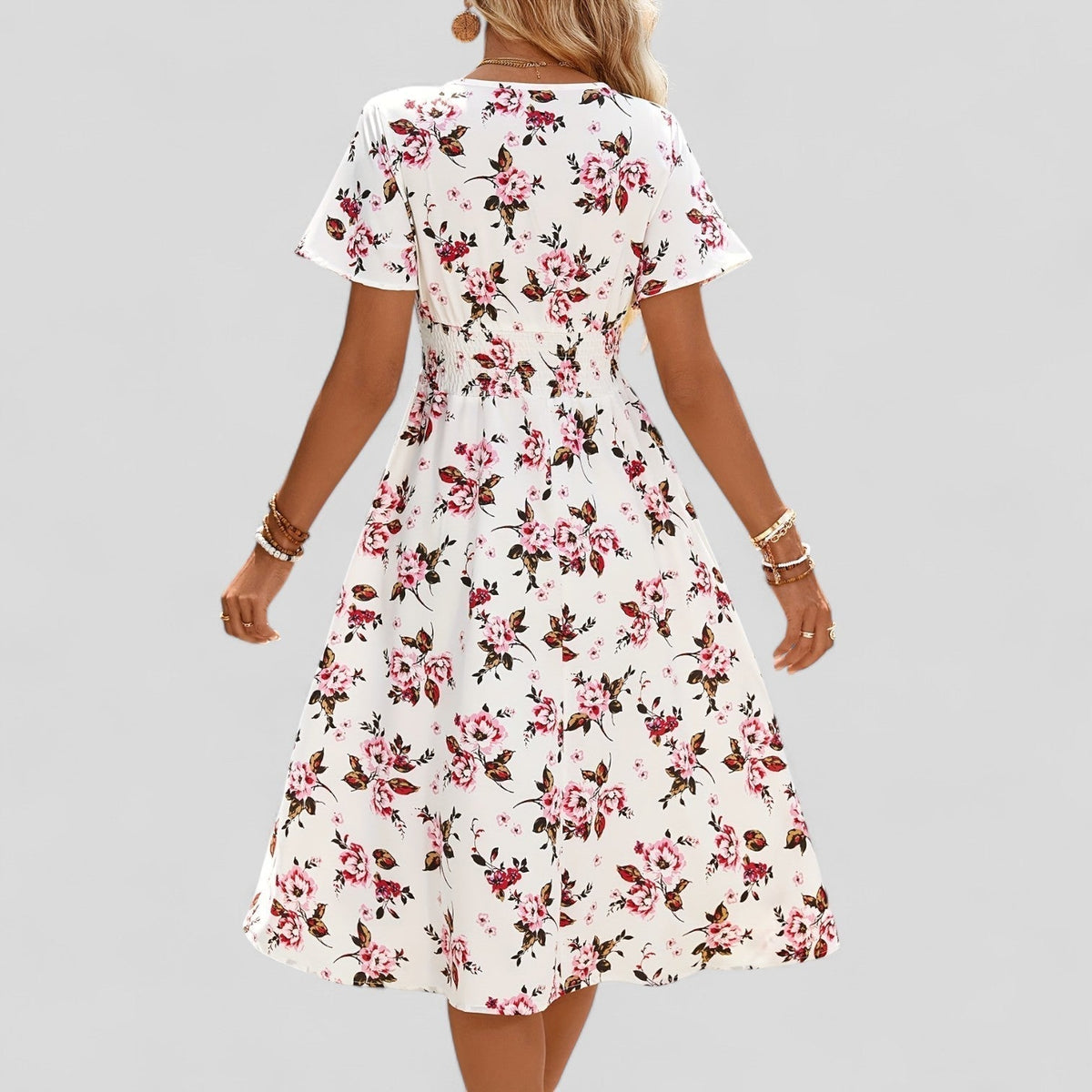 Floral Pink V-Neck Wrap Flutter Sleeve Floral Shirred Waist A-Line Midi Dress