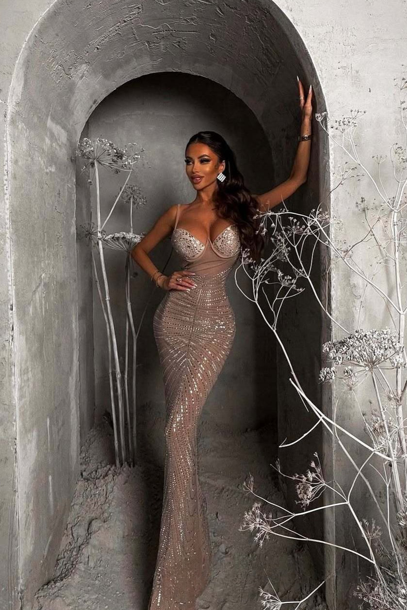 Rhinestone V-Neck Cami Ruched Fishtail Party Dress