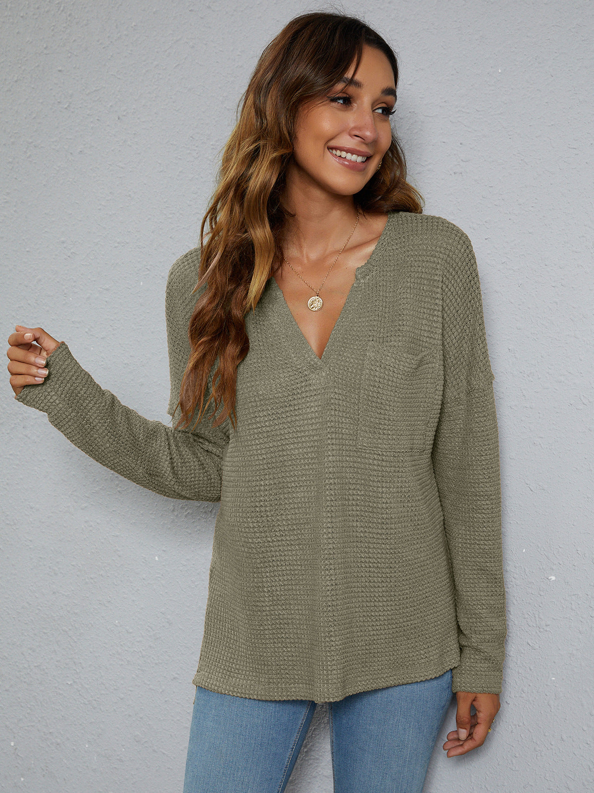 High-Low with Top Dropped Waffle-Knit Shoulder