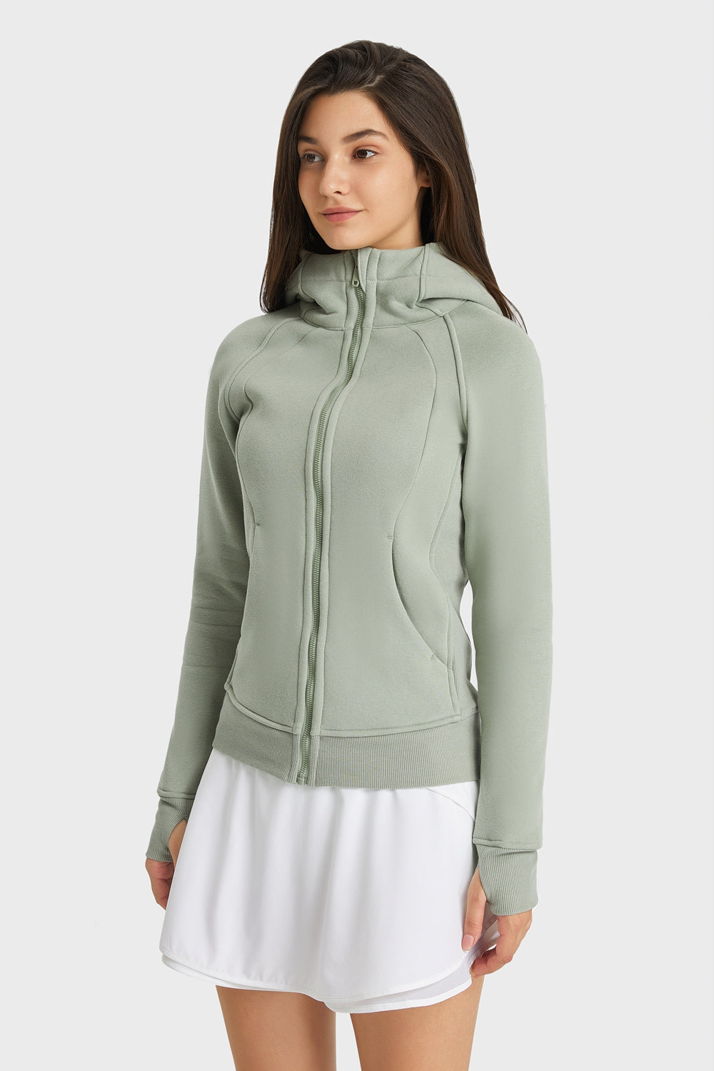 Zip Up Hooded Long Sleeve Thumbhole Fitted Sports Jacket