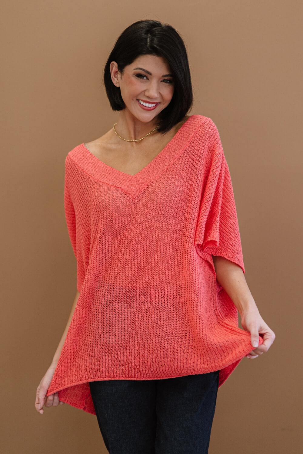 Deep Coral V-Neck Short Sleeve Openwork Loose Knit Sweater