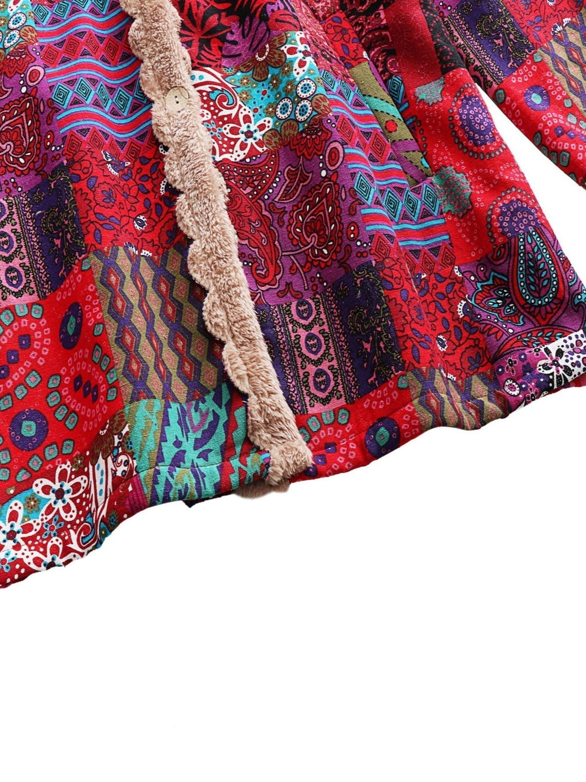 Hooded Ethnic Patchwork Print Fleece-Lined Button Front Longline Coat