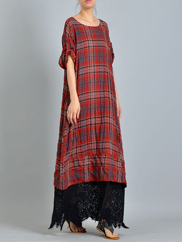 Red Round Neck Long Sleeve Plaid Lace Hem Maxi Dress